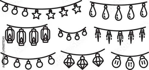 A whimsical collection of illustrated symbols and objects in black and white Vector