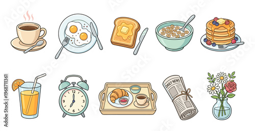 Various cartoon breakfast items and morning routine elements, including coffee, eggs, toast, cereal, pancakes, juice, and a newspaper, representing a delightful start to the day.