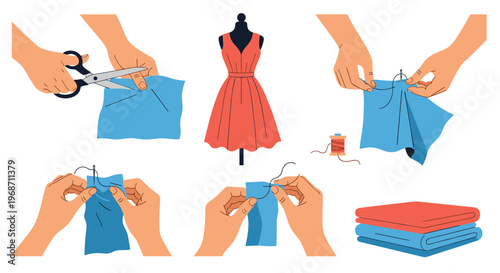 Illustration of different stages of sewing including cutting fabric, stitching by hand, and a completed red dress.