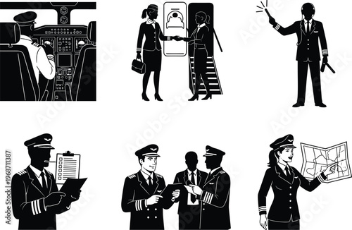 Airline crew silhouettes, pilot cockpit, flight attendant welcome, map reading, child interaction, flight briefing, aviation roles, vector illustration, black and white