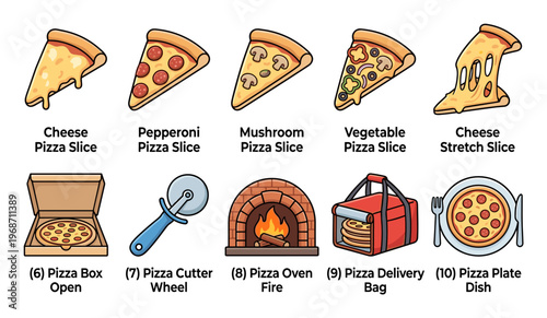 Delicious pizza slices and essential items collection in a charming cartoon style, featuring various toppings, a delivery bag, oven, cutter, and box.