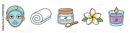 Spa beauty and relaxation items are perfectly illustrated in a charming hand-drawn style, ideal for wellness and self-care concepts.