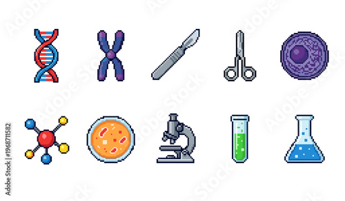 Science and biology pixel art icons representing various laboratory tools, genetic structures, and cellular components for educational purposes.