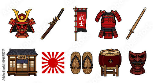 Japanese traditional samurai culture and historical objects collection featuring ancient warrior armor, weapons, masks, and architectural elements in a vibrant vector illustration.