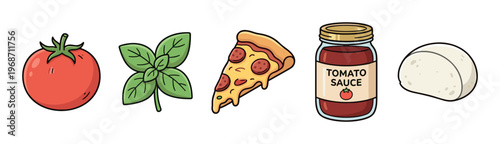 Italian food ingredients and pizza slice are depicted in a vibrant cartoon style, perfect for illustrating recipes or restaurant menus.