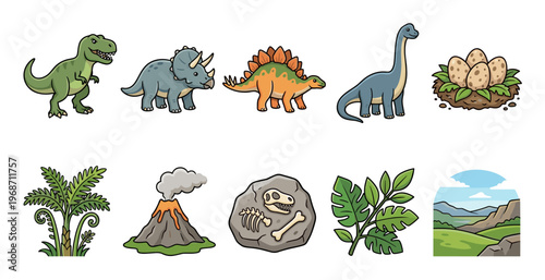 Cartoon dinosaurs, eggs, fossils, plants, and volcano illustrate a vibrant prehistoric world with ancient creatures and natural elements.