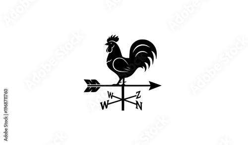 Modern rooster weather vane silhouette vector in angled view with directional arrow black minimal design