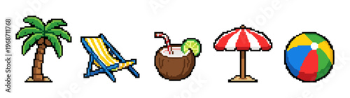 Palm tree, beach chair, coconut drink, umbrella, and beach ball are classic pixel art summer vacation symbols, perfect for retro-themed designs and digital projects.