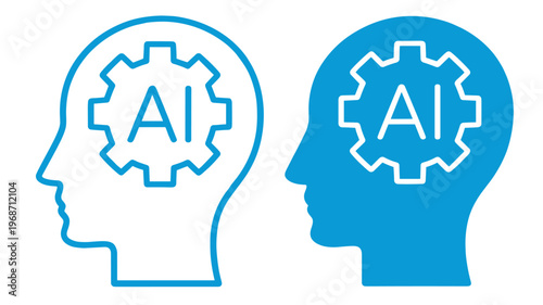 ai head brain icon, artificial intelligence thinking and digital technology vector symbol, neural network and computing system line illustration on transparent background