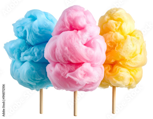 Three fluffy colorful sugary treats on sticks