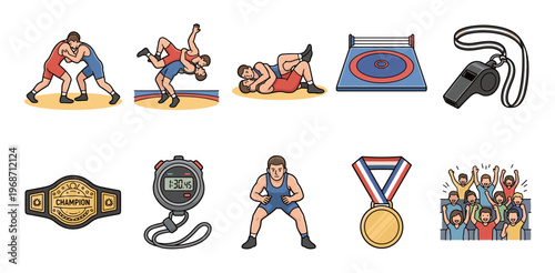Wrestling sport icons set features various elements of the competitive grappling sport, including athletes, equipment, and awards.