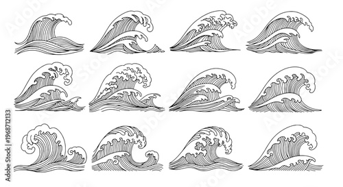 Waves hand drawn set with black curved lines and crashing motion on white background featuring wave, ocean, sea with vector and illustration elements