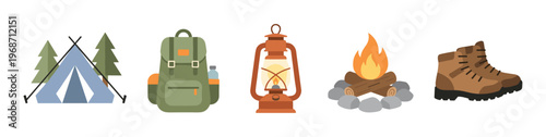 Camping and hiking equipment collection featuring a tent, backpack, lantern, campfire, and boot, representing outdoor adventure and exploration.