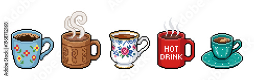 Pixel art hot beverage cups collection featuring various styles and designs, perfect for retro-themed digital projects and gaming graphics.