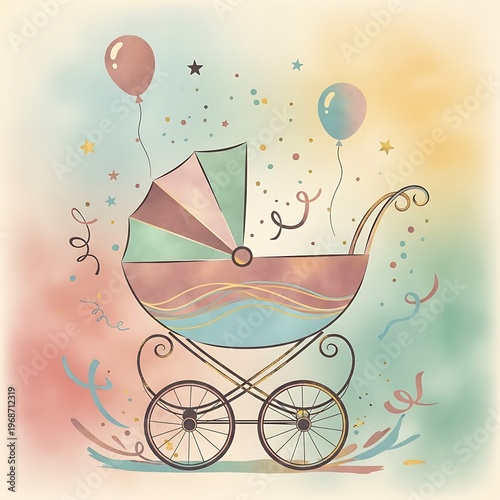 Watercolor Baby Carriage Illustration with Balloons and Confetti.