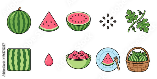 Collection of watermelon illustrations, depicting whole fruit, slices, seeds, leaves, and various serving forms, rendered in a vibrant cartoon style for summer themes.