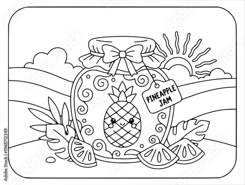  Pineapple jam coloring page showing a glass jar with fruit slices and labels