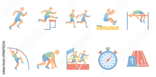 Track and field events collection of flat design icons illustrating various athletic competitions and equipment in a modern, simplified style.