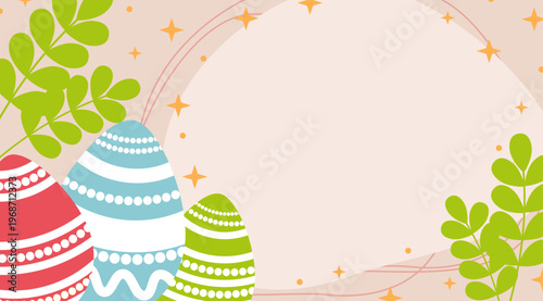 Happy easter nowruz banner frame with colorful eggs, leaves and stars