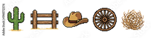 Western pixel art collection of cactus, fence, hat, wagon wheel, and tumbleweed elements representing desert and cowboy culture in a retro game style.