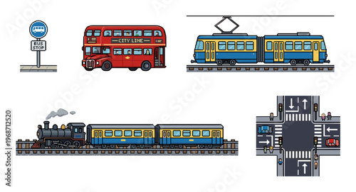 Various pixel art public transportation vehicles and a city intersection are depicted in a charming retro video game style illustration, representing urban mobility.