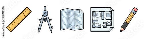 Architectural design tools and blueprints are displayed in a colorful cartoon style, representing planning and construction concepts.