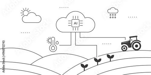 AIpowered smart farming concept integrating weather, temperature, and moisture data with autonomous tractor operations for precision agriculture in a minimalist line art.