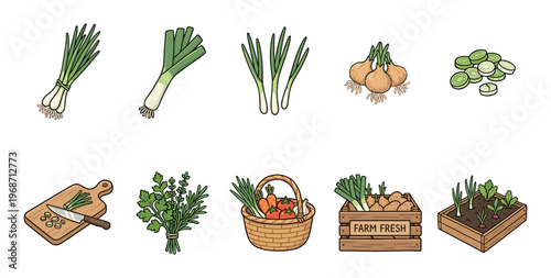 Onions, leeks, and various fresh garden vegetables are depicted in a charming cartoon style, illustrating farming, harvesting, and cooking processes.
