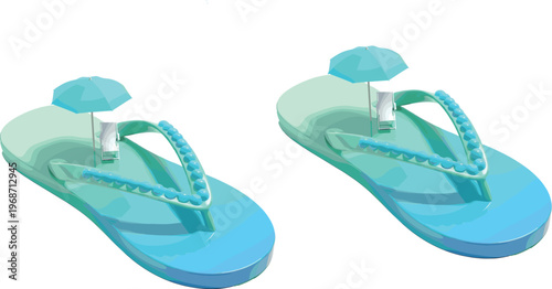 Beach flip-flops illustration, turquoise blue gradient design, decorative umbrella straps, summer footwear vacation leisure concept, stylish tropical artwork decor