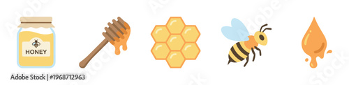 Honey and bee related icons collection featuring a jar, dipper, honeycomb, and a flying insect, perfect for natural food and sweet product designs.