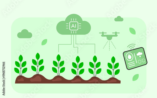 AIpowered smart farming technology illustration, showing a drone, mobile control, and cloud computing for efficient crop management and sustainable agriculture.