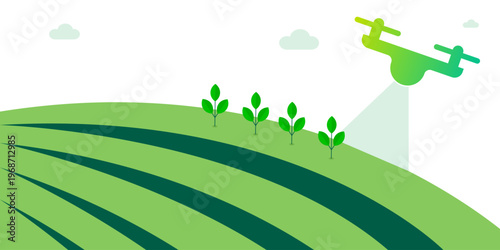 An illustration depicts a drone flying over a green agricultural field with five young plants, utilizing precision farming technology for efficient crop monitoring and sustainable growth.
