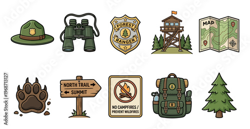 Forest ranger and outdoor adventure icons collection featuring essential gear for hiking, exploration, and nature conservation activities.