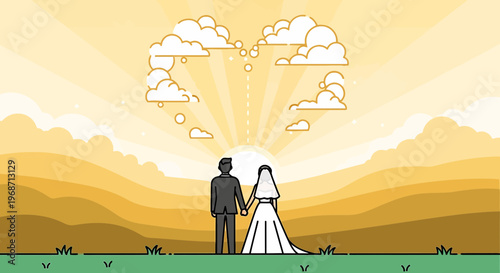 Bride and Groom Holding Hands, Heart-Shaped Clouds, Sunrise, Wedding Symbolism