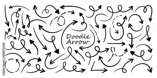 Hand drawn doodle arrow vector collection. Scribble lines arrow doodle elements. Crayon drawn note arrow doodles set. 