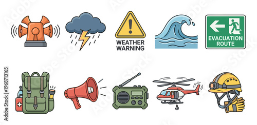 Emergency disaster preparedness icons set featuring various safety elements and tools for natural catastrophes and rescue operations.