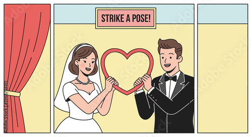 Bride and Groom Holding Heart Shape, Wedding Pose Illustration