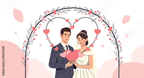 Bride and Groom Holding Heart Under Wedding Arch with Hearts