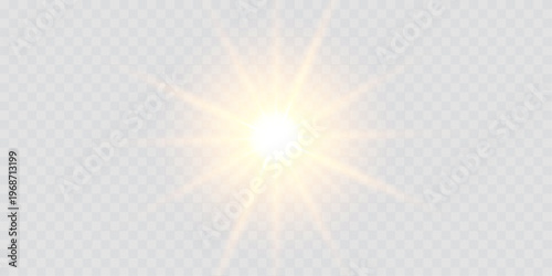 Vector transparent sunlight lens flare with glowing light rays, glittering stars, and bright sparks. Includes yellow light reflections and neon illumination effects for modern, radiant visual designs.