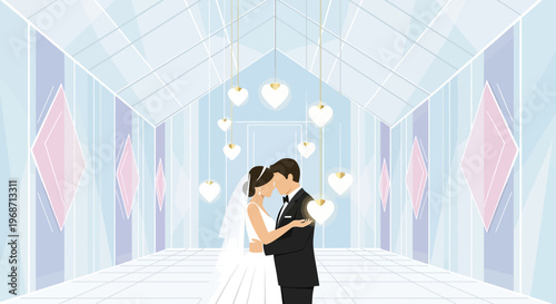 Bride and Groom Kissing in Romantic Wedding Hall with Heart Lights