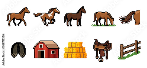 Pixel art horses and farm elements collection featuring various equine poses, a rustic barn, hay bales, and a classic saddle, perfect for vintage gaming projects.