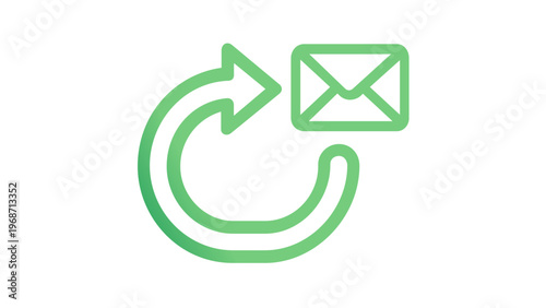 Minimalist green gradient vector icon illustration of a circular arrow pointing towards an envelope, symbolizing email forwarding, message delivery, digital communication, and contact updates.
