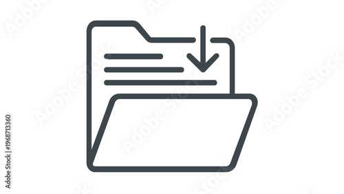 Minimalist vector icon illustration of a document folder with a downward arrow, representing data download, file storage, digital archiving, and information management in a clean line art style.