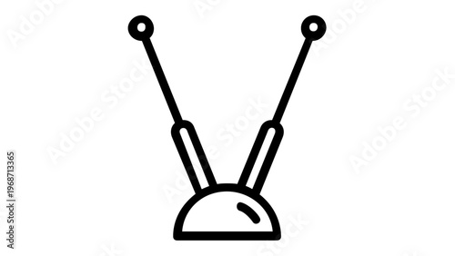 Professional minimalist black and white line art vector icon illustration of a classic indoor television antenna or rabbit ears for broadcast signal, communication, media reception, and technology.