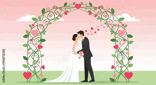 Bride and Groom Kissing Under Floral Wedding Arch with Hearts