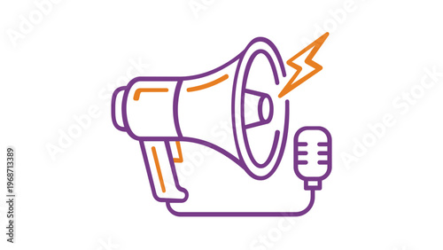 Minimalist vector icon illustration of a megaphone bullhorn and microphone for communication, marketing, and broadcasting. Purple and orange line art design for announcements and news alerts.