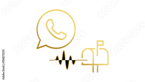 Gold line art vector illustration featuring communication icons including a phone call speech bubble, a mailbox, and a sound wave, representing contact methods, messaging, and connectivity.