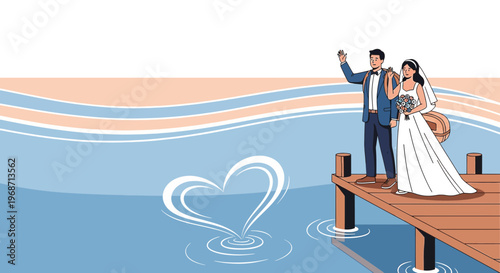 Bride and Groom on Dock with Heart Illustration Over Water, Wedding Celebration