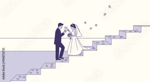 Bride and Groom on Stairs, Wedding Ceremony, Love and Commitment
