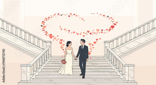 Bride and groom on stairs with heart shape, wedding, love, romance illustration